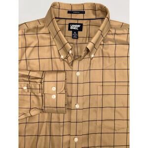 Land’s End Tan Check No-Iron Twill Button Down Shirt Men's 17-17.5 XL